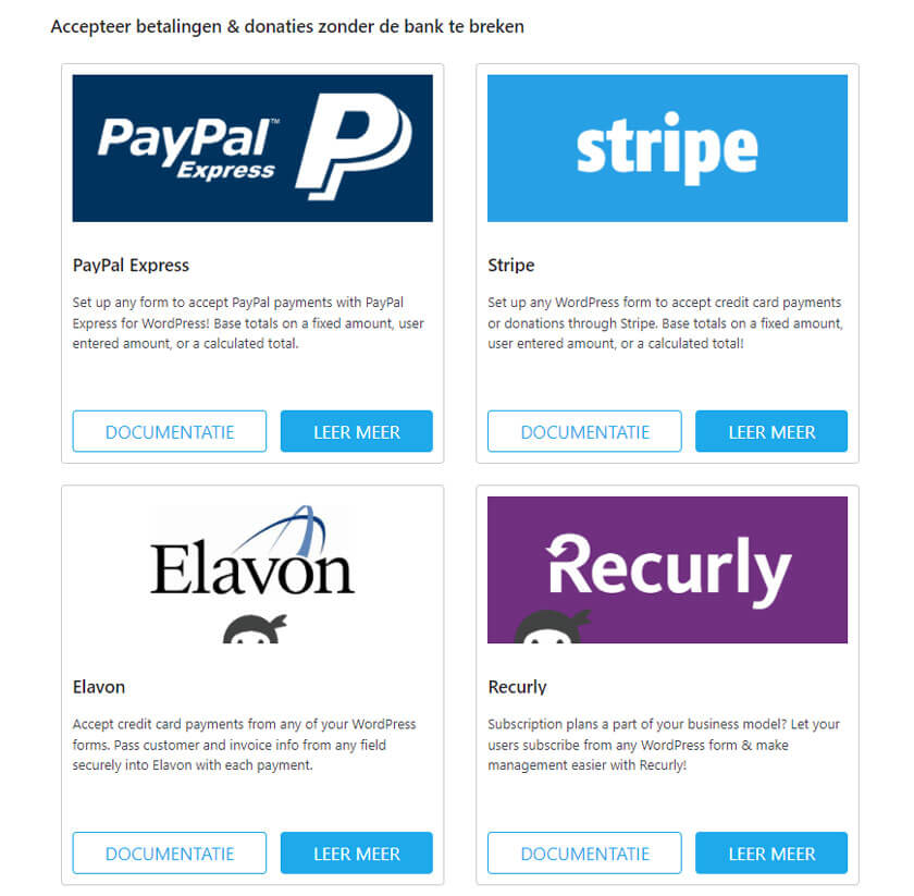 Ninja Forms betaalkoppelingen Ninja Forms betaalkoppelingen